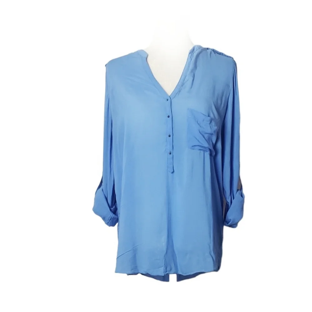 COPY - ⚪2/$20 Zara Henley Roll-Tab Sleeve Viscose Blouse Periwinkle Blue - Picture 8 of 9